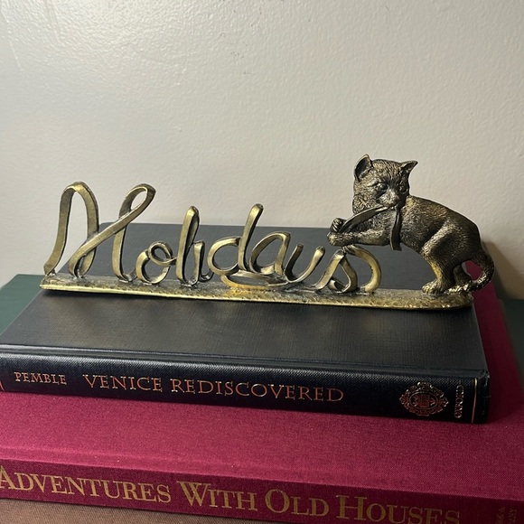 Metzke Other - Vintage Metzke Bronze Painted Pewter Ribbon Holidays with Kitty Cat Sign